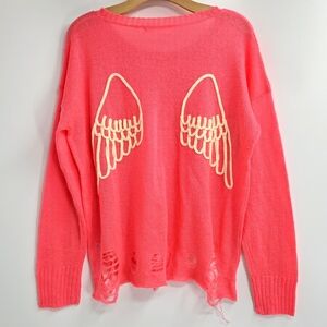 Love Tree Sweater Distressed Hot Pink Knit‎ Angel Wing Embroidery